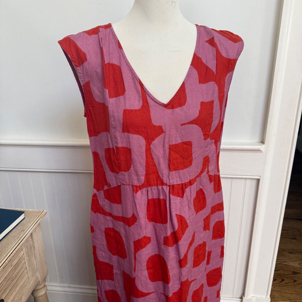FOIL Pink Red Abstract Geometric 100% Linen V-Neck Sleeveless Midi Dress Size 4 - Picture 2 of 7